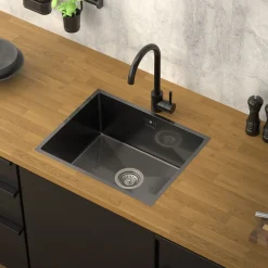 Einbauspüle 50x40 cm Anthrazit mit Ablaufgarnitur und Überlauf aus Edelstahl ML-Design-ECD Germany Hot
