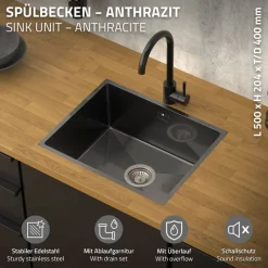 Einbauspüle 50x40 cm Anthrazit mit Ablaufgarnitur und Überlauf aus Edelstahl ML-Design-ECD Germany Hot