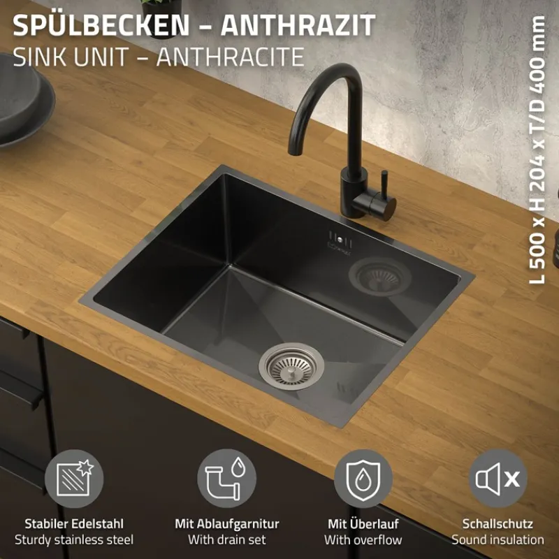 Einbauspüle 50x40 cm Anthrazit mit Ablaufgarnitur und Überlauf aus Edelstahl ML-Design-ECD Germany Hot