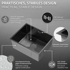 Einbauspüle 50x40 cm Anthrazit mit Ablaufgarnitur und Überlauf aus Edelstahl ML-Design-ECD Germany Hot