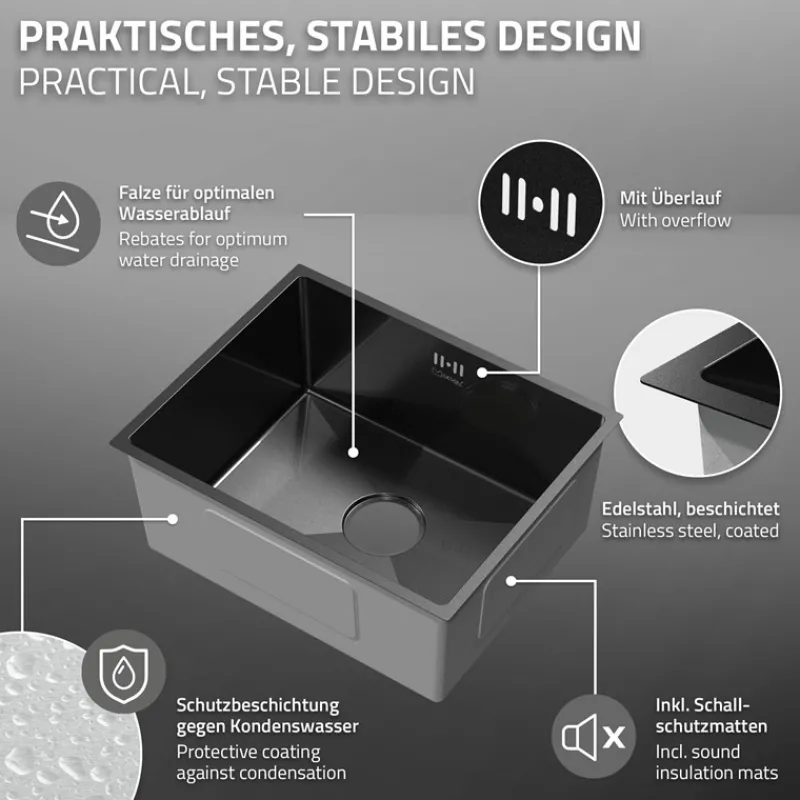 Einbauspüle 50x40 cm Anthrazit mit Ablaufgarnitur und Überlauf aus Edelstahl ML-Design-ECD Germany Hot