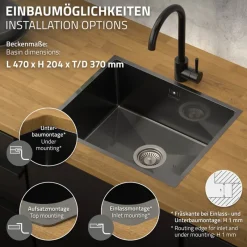 Einbauspüle 50x40 cm Anthrazit mit Ablaufgarnitur und Überlauf aus Edelstahl ML-Design-ECD Germany Hot