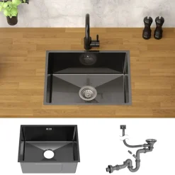 Einbauspüle 50x40 cm Anthrazit mit Ablaufgarnitur und Überlauf aus Edelstahl ML-Design-ECD Germany Hot