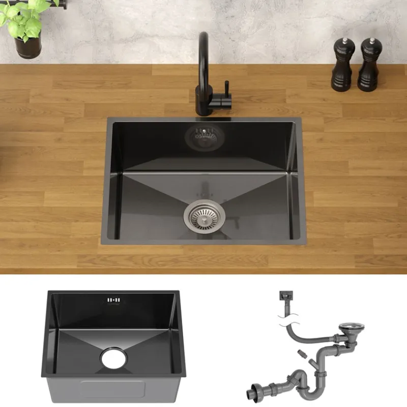 Einbauspüle 50x40 cm Anthrazit mit Ablaufgarnitur und Überlauf aus Edelstahl ML-Design-ECD Germany Hot
