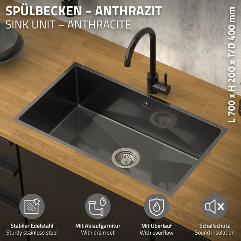Einbauspüle 70x40 cm Anthrazit mit Ablaufgarnitur und Überlauf aus Edelstahl ML-Design-ECD Germany