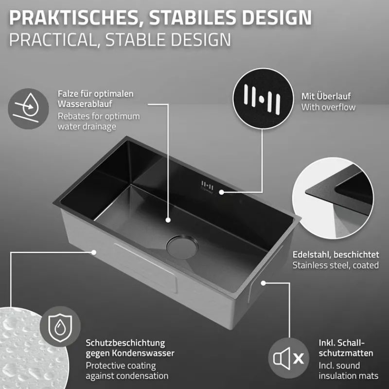 Einbauspüle 70x40 cm Anthrazit mit Ablaufgarnitur und Überlauf aus Edelstahl ML-Design-ECD Germany