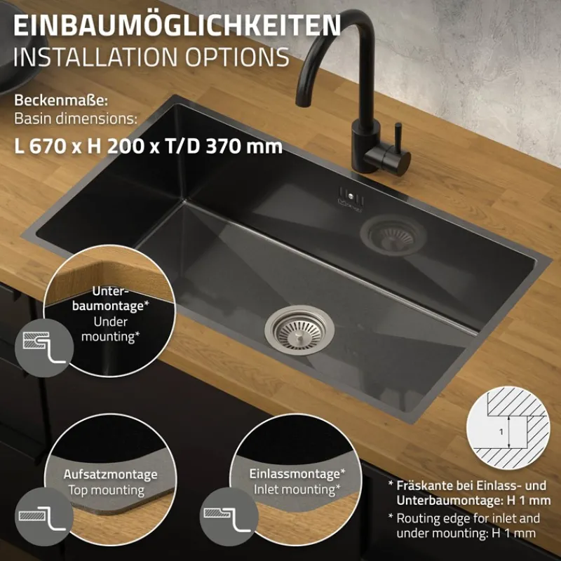 Einbauspüle 70x40 cm Anthrazit mit Ablaufgarnitur und Überlauf aus Edelstahl ML-Design-ECD Germany