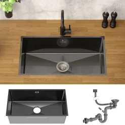Einbauspüle 70x40 cm Anthrazit mit Ablaufgarnitur und Überlauf aus Edelstahl ML-Design-ECD Germany