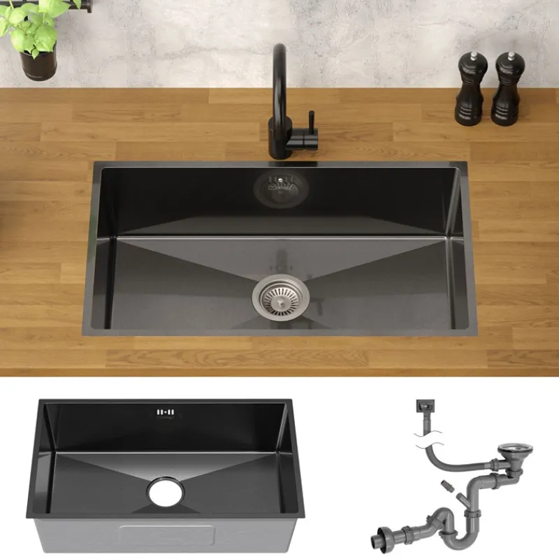 Einbauspüle 70x40 cm Anthrazit mit Ablaufgarnitur und Überlauf aus Edelstahl ML-Design-ECD Germany