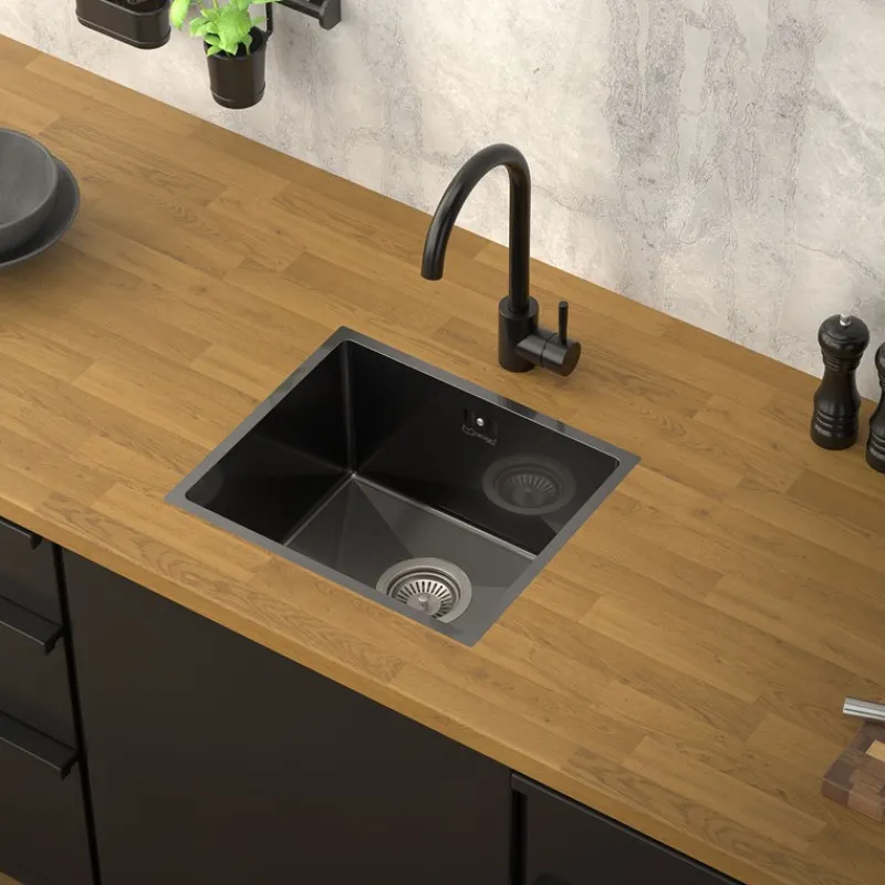 Einbauspüle 34x40 cm Anthrazit mit Ablaufgarnitur und Überlauf aus Edelstahl ML-Design-ECD Germany Discount