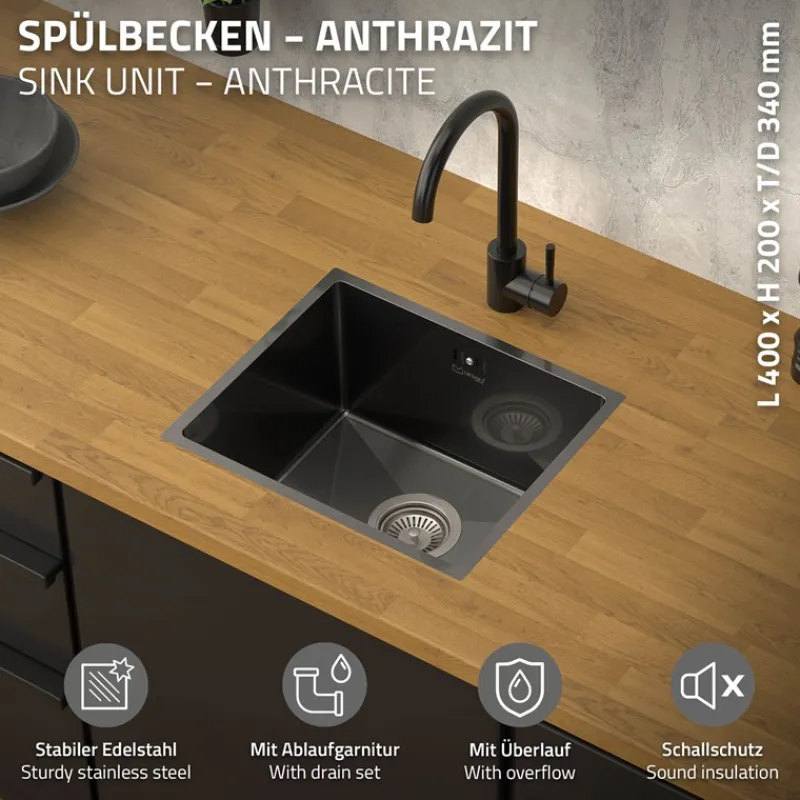 Einbauspüle 34x40 cm Anthrazit mit Ablaufgarnitur und Überlauf aus Edelstahl ML-Design-ECD Germany Discount