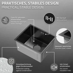 Einbauspüle 34x40 cm Anthrazit mit Ablaufgarnitur und Überlauf aus Edelstahl ML-Design-ECD Germany Discount