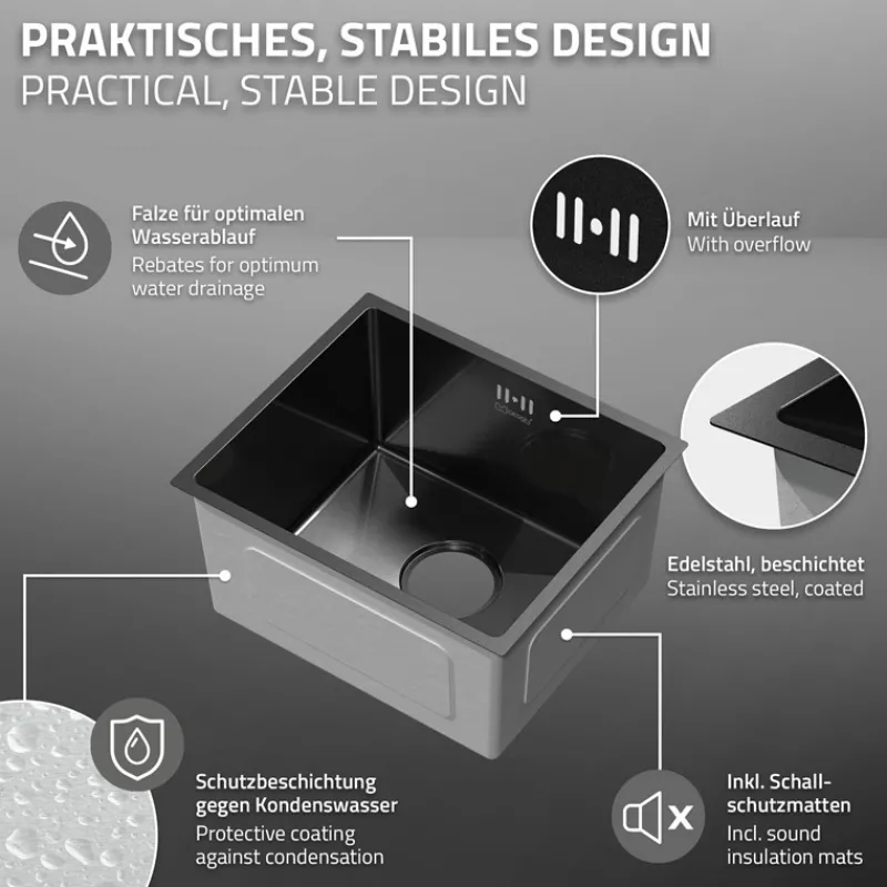Einbauspüle 34x40 cm Anthrazit mit Ablaufgarnitur und Überlauf aus Edelstahl ML-Design-ECD Germany Discount