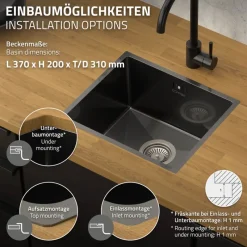 Einbauspüle 34x40 cm Anthrazit mit Ablaufgarnitur und Überlauf aus Edelstahl ML-Design-ECD Germany Discount