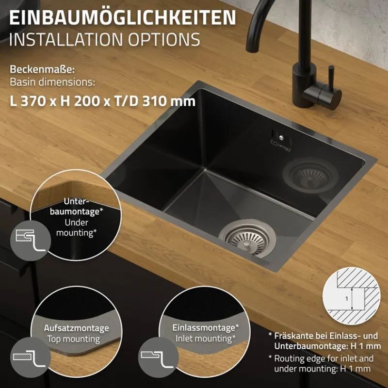 Einbauspüle 34x40 cm Anthrazit mit Ablaufgarnitur und Überlauf aus Edelstahl ML-Design-ECD Germany Discount