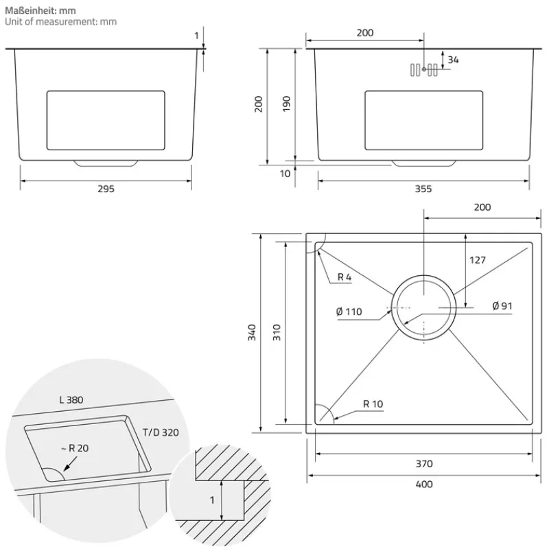 Einbauspüle 34x40 cm Anthrazit mit Ablaufgarnitur und Überlauf aus Edelstahl ML-Design-ECD Germany Discount