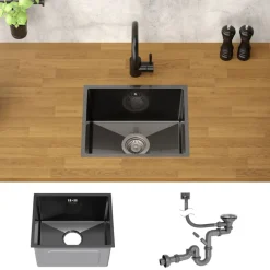Einbauspüle 34x40 cm Anthrazit mit Ablaufgarnitur und Überlauf aus Edelstahl ML-Design-ECD Germany Discount