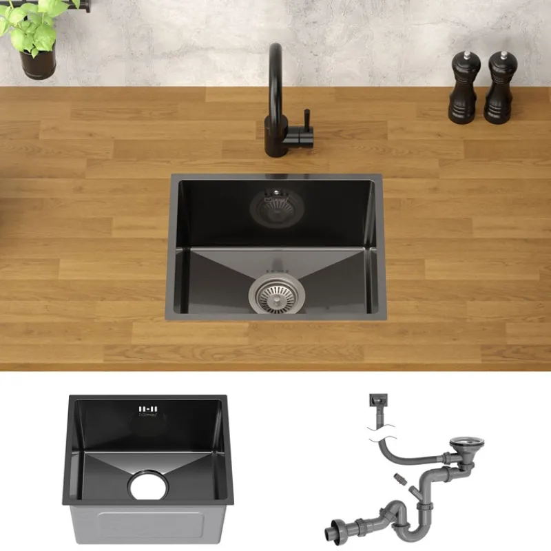 Einbauspüle 34x40 cm Anthrazit mit Ablaufgarnitur und Überlauf aus Edelstahl ML-Design-ECD Germany Discount