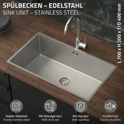 Einbauspüle 70x40 cm Silber mit Ablaufgarnitur und Überlauf aus Edelstahl ML-Design-ECD Germany Clearance