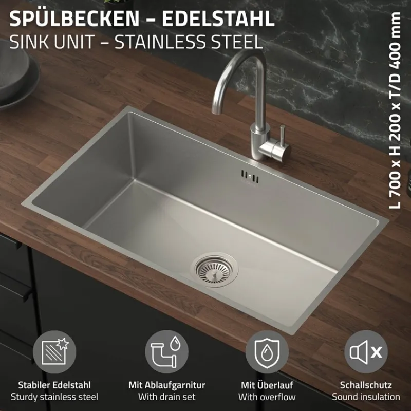 Einbauspüle 70x40 cm Silber mit Ablaufgarnitur und Überlauf aus Edelstahl ML-Design-ECD Germany Clearance
