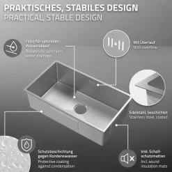 Einbauspüle 70x40 cm Silber mit Ablaufgarnitur und Überlauf aus Edelstahl ML-Design-ECD Germany Clearance