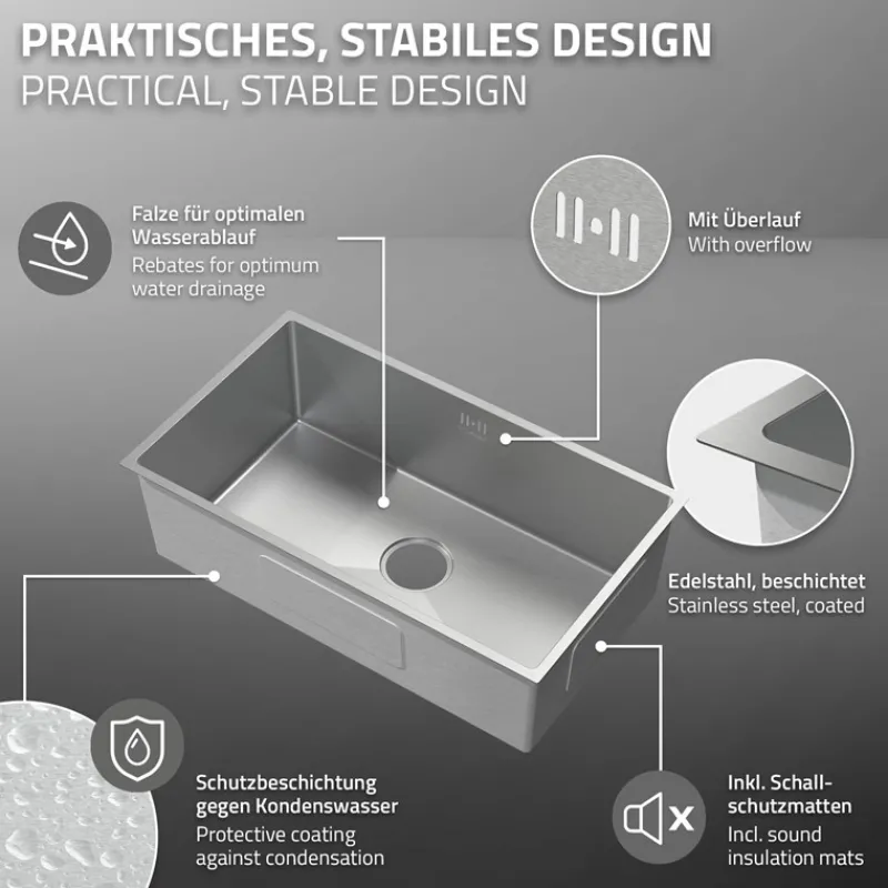 Einbauspüle 70x40 cm Silber mit Ablaufgarnitur und Überlauf aus Edelstahl ML-Design-ECD Germany Clearance