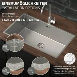 Einbauspüle 70x40 cm Silber mit Ablaufgarnitur und Überlauf aus Edelstahl ML-Design-ECD Germany Clearance