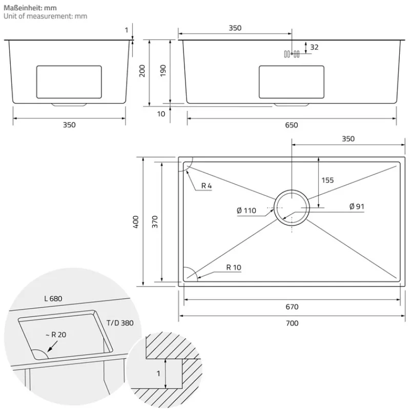 Einbauspüle 70x40 cm Silber mit Ablaufgarnitur und Überlauf aus Edelstahl ML-Design-ECD Germany Clearance