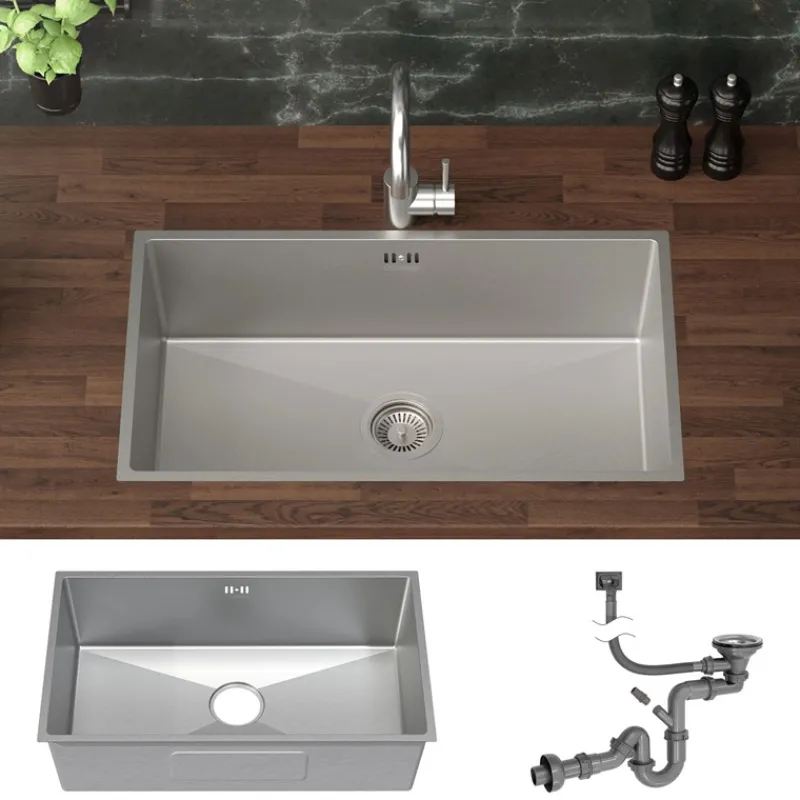 Einbauspüle 70x40 cm Silber mit Ablaufgarnitur und Überlauf aus Edelstahl ML-Design-ECD Germany Clearance