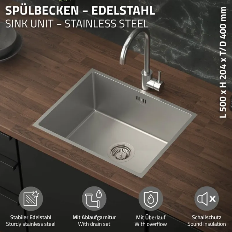 Einbauspüle 50x40 cm Silber mit Ablaufgarnitur und Überlauf aus Edelstahl ML-Design-ECD Germany New