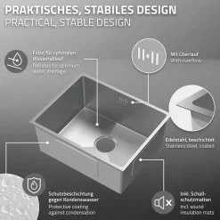 Einbauspüle 50x40 cm Silber mit Ablaufgarnitur und Überlauf aus Edelstahl ML-Design-ECD Germany New