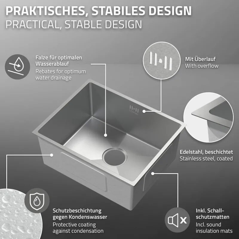 Einbauspüle 50x40 cm Silber mit Ablaufgarnitur und Überlauf aus Edelstahl ML-Design-ECD Germany New