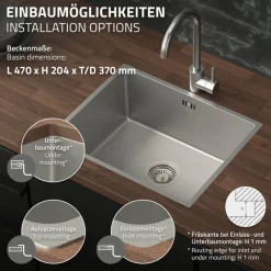 Einbauspüle 50x40 cm Silber mit Ablaufgarnitur und Überlauf aus Edelstahl ML-Design-ECD Germany New