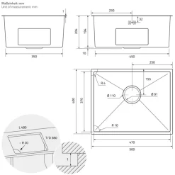 Einbauspüle 50x40 cm Silber mit Ablaufgarnitur und Überlauf aus Edelstahl ML-Design-ECD Germany New