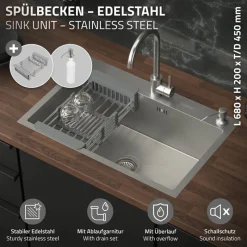 Einbauspüle 68x45 cm Silber mit Ablaufgarnitur und Seifenspender Küchenspüle aus Edelstahl ML-Design-ECD Germany Clearance
