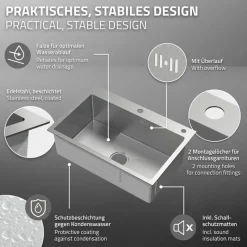 Einbauspüle 68x45 cm Silber mit Ablaufgarnitur und Seifenspender Küchenspüle aus Edelstahl ML-Design-ECD Germany Clearance