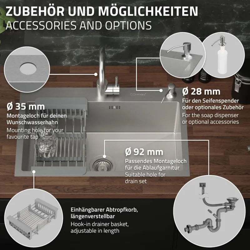 Einbauspüle 68x45 cm Silber mit Ablaufgarnitur und Seifenspender Küchenspüle aus Edelstahl ML-Design-ECD Germany Clearance