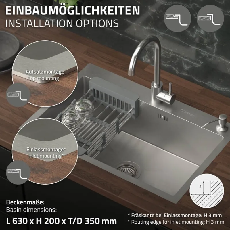Einbauspüle 68x45 cm Silber mit Ablaufgarnitur und Seifenspender Küchenspüle aus Edelstahl ML-Design-ECD Germany Clearance