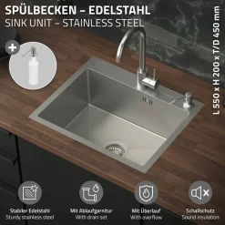 Einbauspüle 55x45 cm Silber mit Ablaufgarnitur und Seifenspender Küchenspüle aus Edelstahl ML-Design-ECD Germany Discount