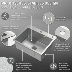 Einbauspüle 55x45 cm Silber mit Ablaufgarnitur und Seifenspender Küchenspüle aus Edelstahl ML-Design-ECD Germany Discount