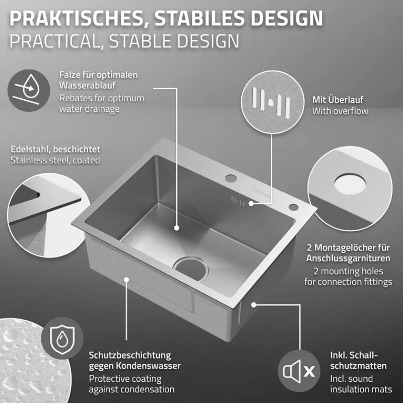 Einbauspüle 55x45 cm Silber mit Ablaufgarnitur und Seifenspender Küchenspüle aus Edelstahl ML-Design-ECD Germany Discount