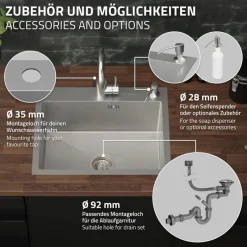 Einbauspüle 55x45 cm Silber mit Ablaufgarnitur und Seifenspender Küchenspüle aus Edelstahl ML-Design-ECD Germany Discount