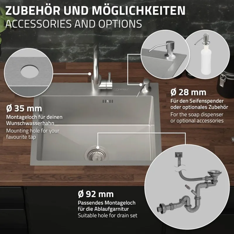 Einbauspüle 55x45 cm Silber mit Ablaufgarnitur und Seifenspender Küchenspüle aus Edelstahl ML-Design-ECD Germany Discount
