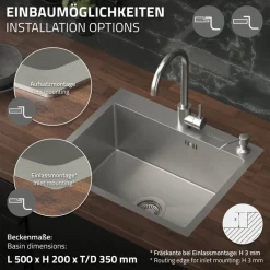 Einbauspüle 55x45 cm Silber mit Ablaufgarnitur und Seifenspender Küchenspüle aus Edelstahl ML-Design-ECD Germany Discount