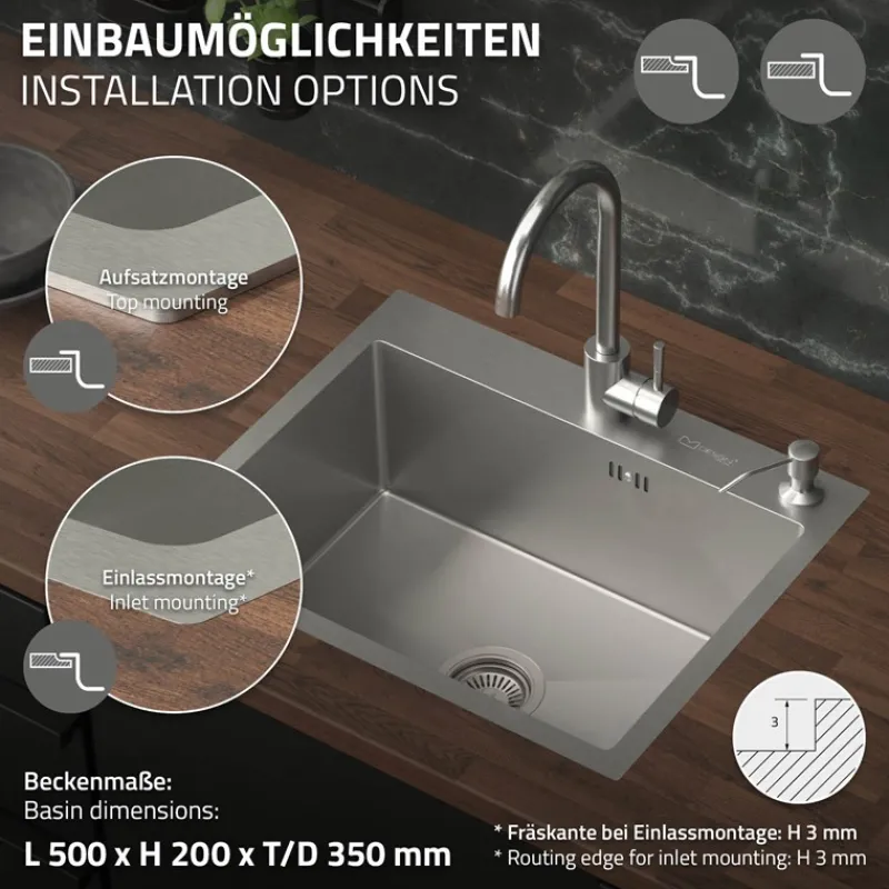 Einbauspüle 55x45 cm Silber mit Ablaufgarnitur und Seifenspender Küchenspüle aus Edelstahl ML-Design-ECD Germany Discount