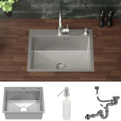 Einbauspüle 55x45 cm Silber mit Ablaufgarnitur und Seifenspender Küchenspüle aus Edelstahl ML-Design-ECD Germany Discount