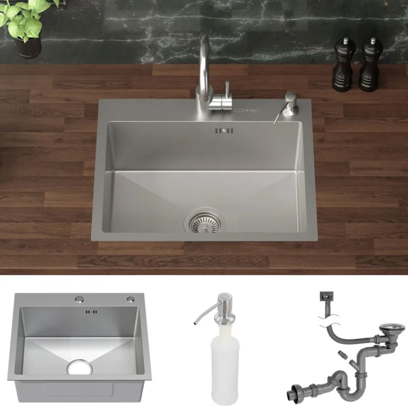 Einbauspüle 55x45 cm Silber mit Ablaufgarnitur und Seifenspender Küchenspüle aus Edelstahl ML-Design-ECD Germany Discount