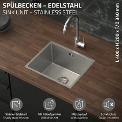 Einbauspüle 34x40 cm Silber mit Ablaufgarnitur und Überlauf aus Edelstahl ML-Design-ECD Germany Online