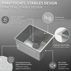 Einbauspüle 34x40 cm Silber mit Ablaufgarnitur und Überlauf aus Edelstahl ML-Design-ECD Germany Online