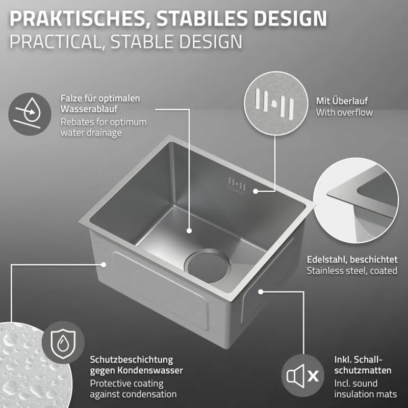 Einbauspüle 34x40 cm Silber mit Ablaufgarnitur und Überlauf aus Edelstahl ML-Design-ECD Germany Online